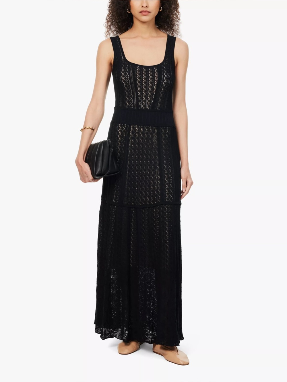 ME+EM Scoop Neck Pointelle Knit Maxi Dress Sleeveless Lined Crochet Stretch - Picture 1 of 10